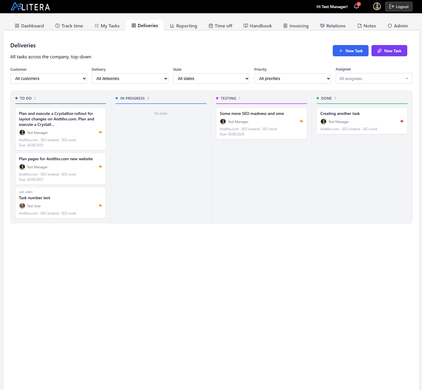 Deliveries and tasks board