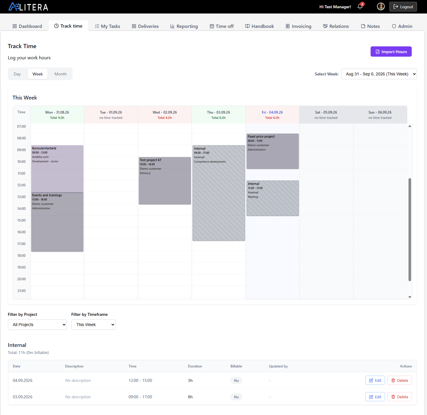 Weekly time tracking view
